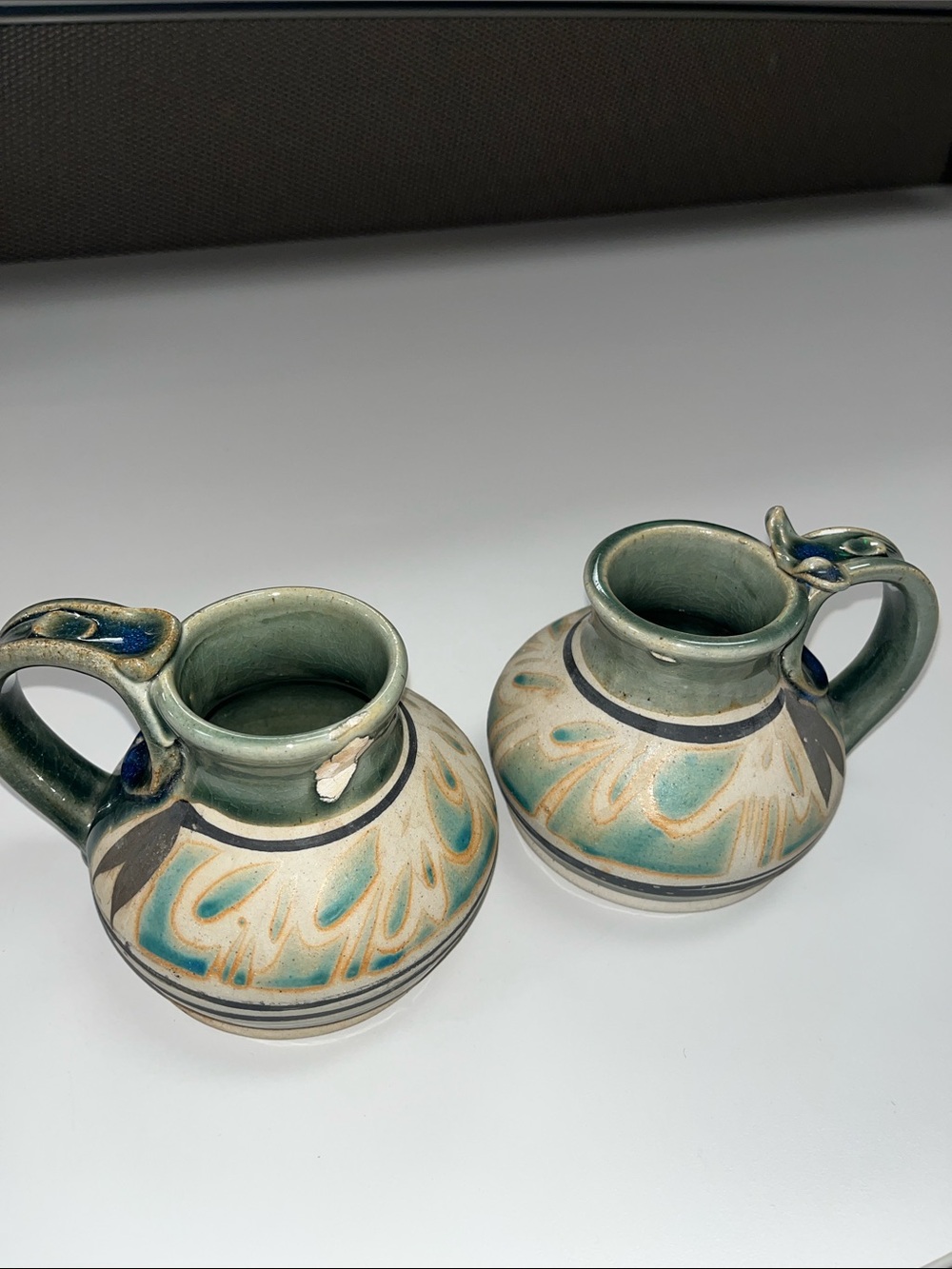Hand Painted Tonala Mexico Green Ceramic Mug Pair by Lucano